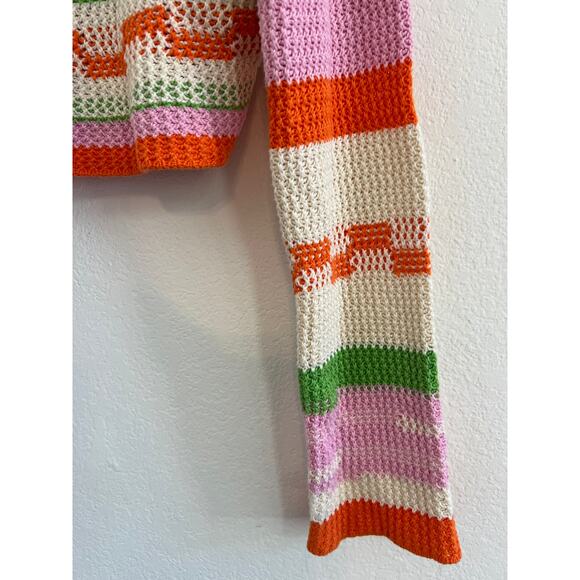 Grey Bandit Crochet Knit Striped Cropped Blouse Womens XL Beach Coastal Fairy - Picture 9 of 16